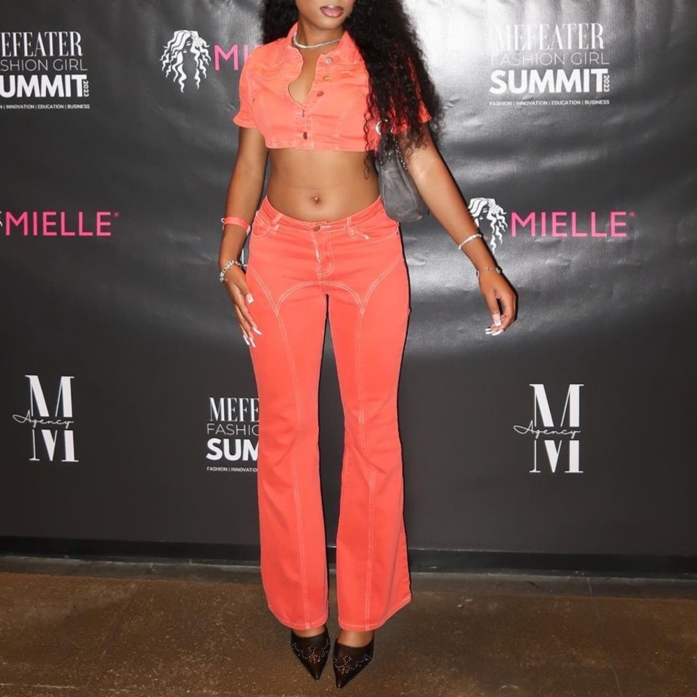 Fashion Nova All Fired Up Orange Denim Two Piece Set